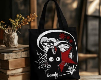 Goth Black Cat Tote Bag, Grunge Aesthetic Star and Eye Art Tote, Alt Witchy Tote Bag, Edgy Dark Style Bag for Cat Lovers Anime Lover Gift