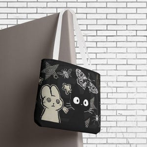 Creepy Cute Tote Bag Dark Aesthetic Bag with Bunny, Cat, and Moths, Grunge Kawaii Witchcore Shoulder Tote Cat Person Bag Gift for Indie Girl image 6