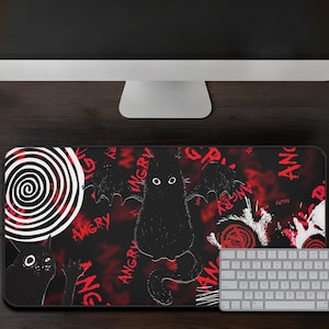 Angry Cat Mouse Pad Gothic Desk Mat Creepy Cute Gamer Gift Funny Crazy Design Dark Vibes Desk Decor Gamer Pad for Cat Lovers Gift Dark Decor