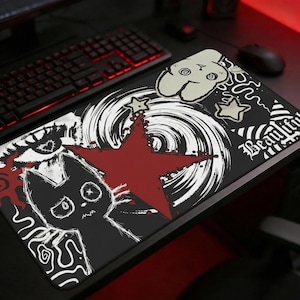 Dark Punk Mouse Pad Grunge Red Star Cat Art Desk Mat Alt Aesthetic Gaming Mat for Goth, Emo and Indie Setup Lovers Anime Lover Gift