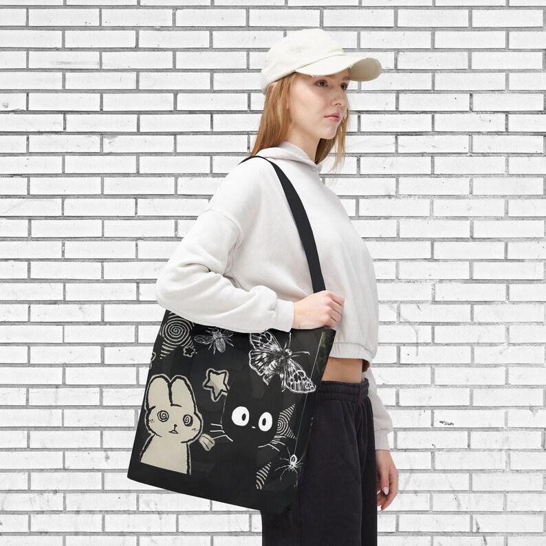 Creepy Cute Tote Bag Dark Aesthetic Bag with Bunny, Cat, and Moths, Grunge Kawaii Witchcore Shoulder Tote Cat Person Bag Gift for Indie Girl image 7