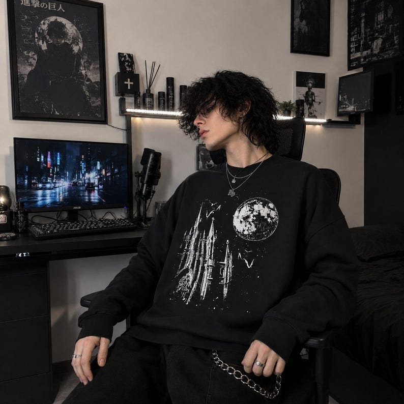 Witchy Moon Gothic Sweatshirt, Dark Fantasy Castle Crewneck, Alt Aesthetic image 3