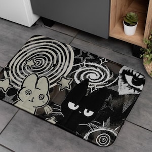Tapis de bain gothique mignon lapin et chat, tapis de salle de bain esthétique alternatif, motif spirale et étoile, antidérapant, pour une décoration intérieure alternative, tapis de douche occulte