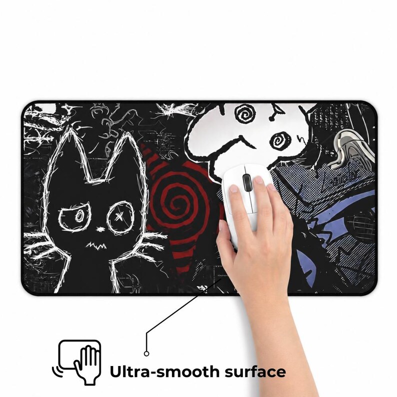 May include: Black mousepad with a cartoon cat and abstract art in white, red, and gray. A white mouse rests on the pad, with the text "Ultra-smooth surface" below. The pad has a rectangular shape.