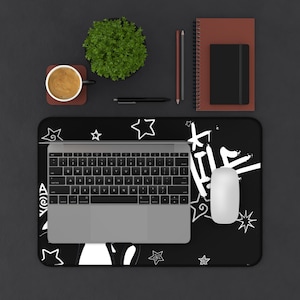 Dark Punk Mousepad Kawaii Gothic Cat Gaming Pad Black & White Smile Design Large Gaming Desk Mat Cute Goth Desk Accessory for Cat Lovers image 2