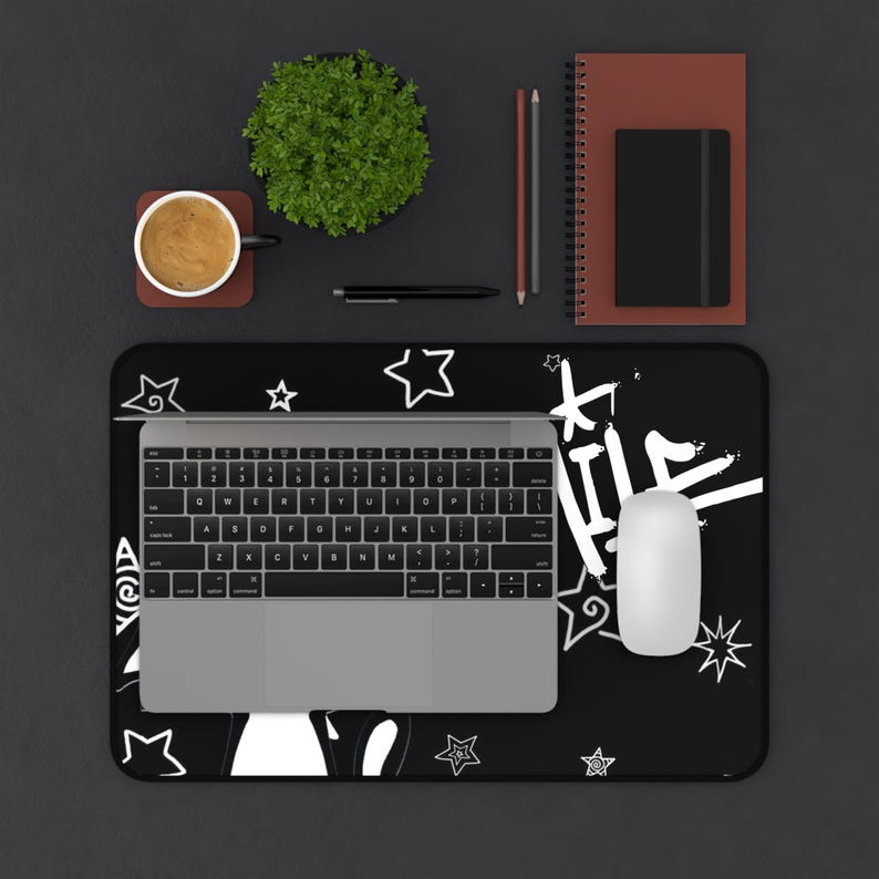 Dark Punk Mousepad Kawaii Gothic Cat Gaming Pad Black & White Smile Design Large Gaming Desk Mat Cute Goth Desk Accessory for Cat Lovers image 2