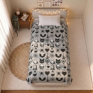 Velveteen Plush Blanket Spooky Halloween Pattern with Skulls, Ghosts and Bats Cozy Gothic Throw for Bedroom & Horror Lovers Halloween Gift
