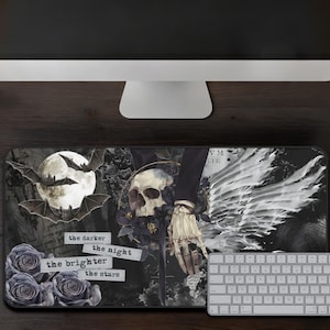 Gothic Skull Gaming Mousepad Dark Angel Fantasy Desk Mat with Bats, Moon, and Roses, Extended Dark Mouse Pad for Gamers Witchy Desk Decor