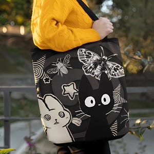 Creepy Cute Tote Bag Dark Aesthetic Bag with Bunny, Cat, and Moths, Grunge Kawaii Witchcore Shoulder Tote Cat Person Bag Gift for Indie Girl image 2