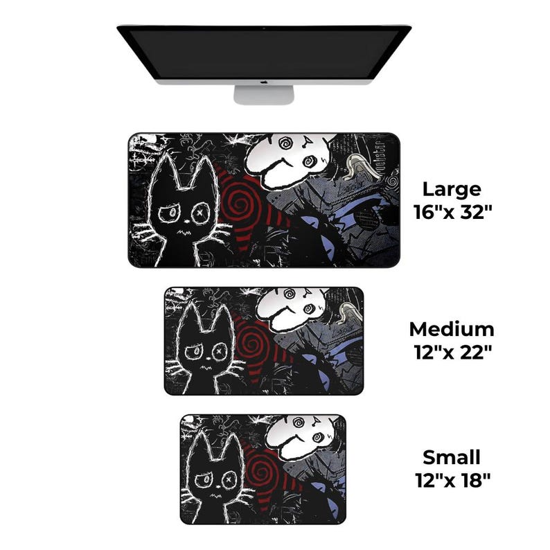 May include: Black desk mats with a cartoon cat and a white mask design. The mats are available in three sizes: large (16" x 32"), medium (12" x 22"), and small (12" x 18"). A computer monitor is above the mats.