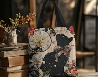 Vintage Black Cat Tote Bag, Gothic Floral Aesthetic Tote, Cottagecore Butterfly Bag, Retro Books Art Tote for Cat Lovers Book Lover Gift