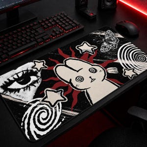 Dark Punk Desk Mat Alt Aesthetic Mousepad Trippy Bunny, Gothic Eye Design Unique Desk Mat for Alternative, Indie and Dark Cottagecore Style