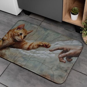 Cat Creation Bath Mat Funny & Artistic Kitty Shower Rug Inspired by Classic Art Bathroom Decor, Cats Lovers Home Decor Cat person Gift