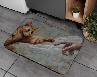 Cat Creation Bath Mat Funny & Artistic Kitty Shower Rug Inspired by Classic Art Bathroom Decor, Cats Lovers Home Decor Cat person Gift