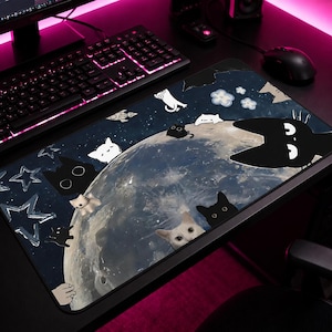 Kawaii Space Cat Mouse Pad Cat Galaxy Desk Mat Cartoon Cats Anime Lover Mousepad XL for Gamers Anime Gift Cat Lover Gift Cat Person Pad