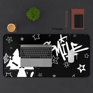 Dark Punk Mousepad Kawaii Gothic Cat Gaming Pad Black & White Smile Design Large Gaming Desk Mat Cute Goth Desk Accessory for Cat Lovers image 4