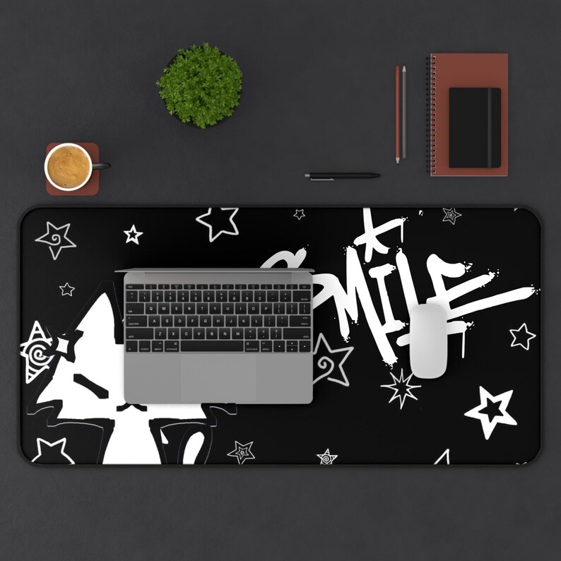 Dark Punk Mousepad Kawaii Gothic Cat Gaming Pad Black & White Smile Design Large Gaming Desk Mat Cute Goth Desk Accessory for Cat Lovers image 4