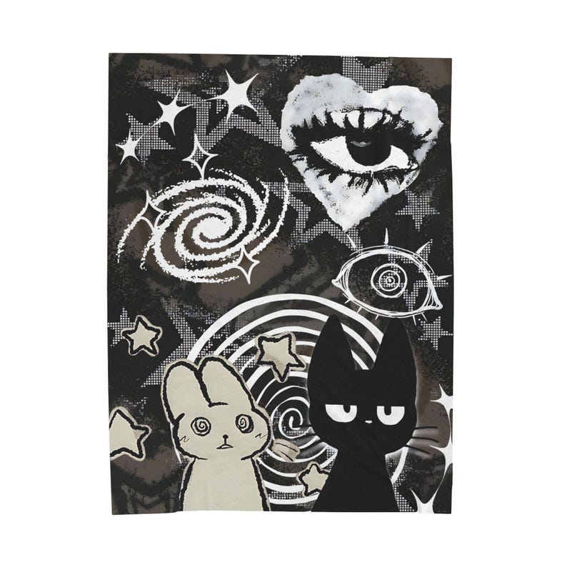 Trippy Cat Bunny Velveteen Plush Blanket Dark Punk Room Decor Cozy Soft Gothic Throw Aesthetic for Unique Home Decor Cat Lover Gift image 8