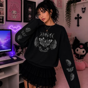 Gothic Death Moth Sweatshirt, Dark Cottagecore Occult Botanical Pullover, Witchy Alt Top