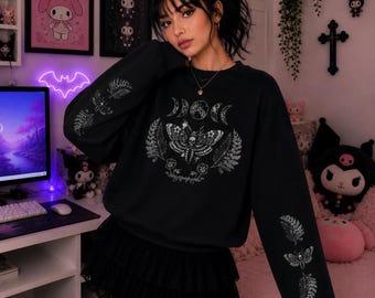 Gothic Death Moth Sweatshirt, Dark Cottagecore Occult Botanical Pullover, Witchy Alt Top