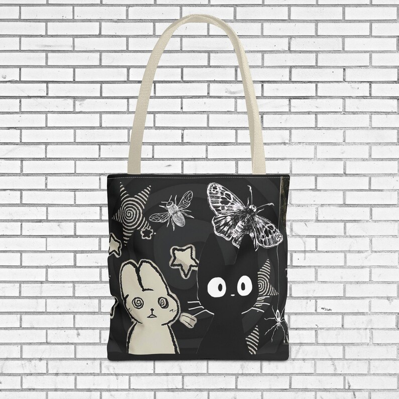 Creepy Cute Tote Bag Dark Aesthetic Bag with Bunny, Cat, and Moths, Grunge Kawaii Witchcore Shoulder Tote Cat Person Bag Gift for Indie Girl image 3