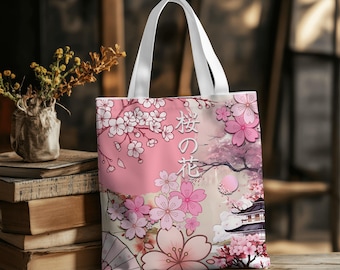 Japanese Sakura Tote Bag, Pink Aesthetic Floral Tote, Cherry Blossom Collage Bag, Cute Japanese Style Tote for Everyday Use