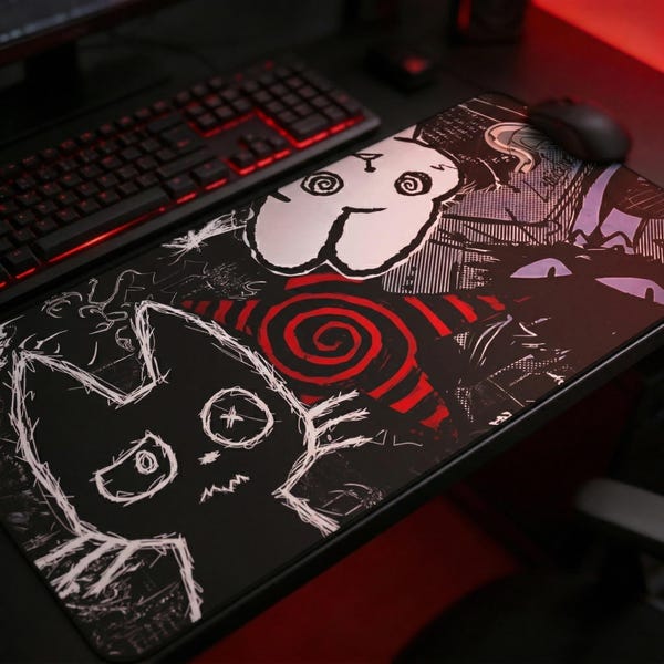 Dark Punk Anime Mousepad XL Creepy Cat Gaming Mat Grunge Desk Pad for Gamers Neon Aesthetic Mouse Pad for PC Setup Dark Punk Anime Gift