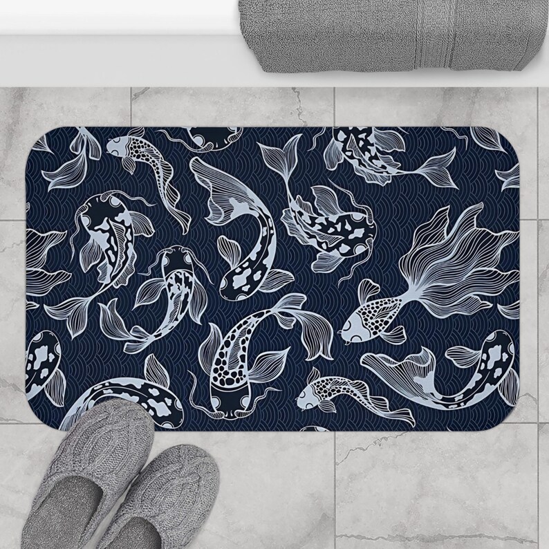 Koi Fish Bath Mat Japanese Inspired Zen Rug Elegant Bathroom Decor Anime Lover Gift Japanese Art Home Decor Ocean Lover Bath Decor image 2