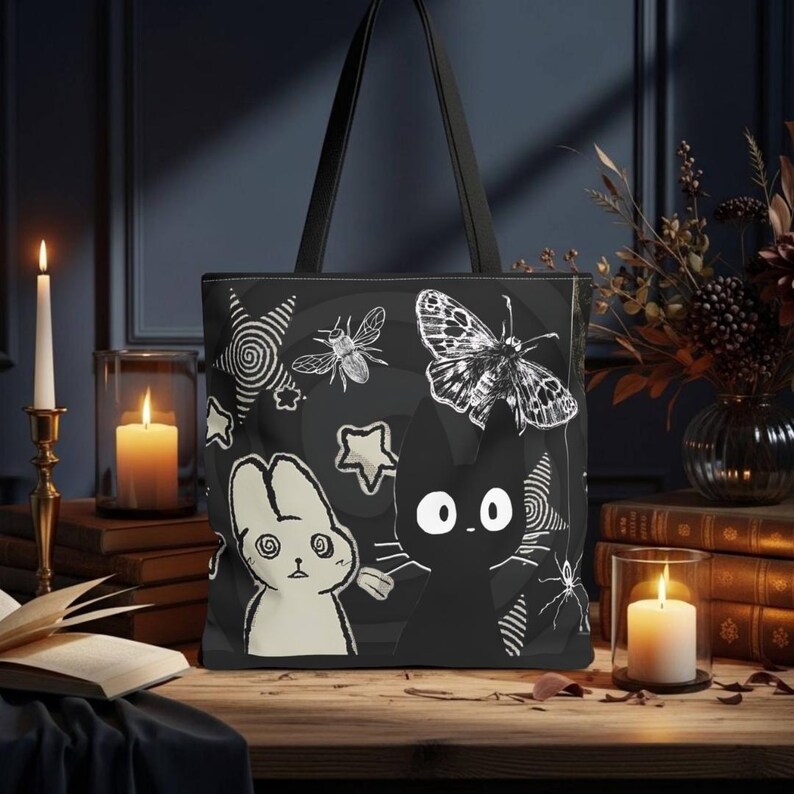 Creepy Cute Tote Bag Dark Aesthetic Bag with Bunny, Cat, and Moths, Grunge Kawaii Witchcore Shoulder Tote Cat Person Bag Gift for Indie Girl image 1