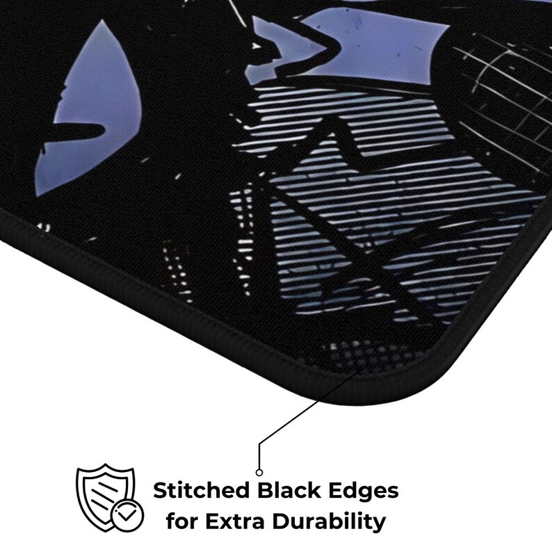 May include: Black mousepad with a graphic design and stitched black edges. The text on the image reads "Stitched Black Edges for Extra Durability". The mousepad has a black border.
