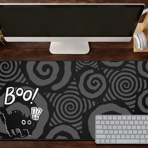 Spooky Cat Mousepad Boo Black Cat Desk Mat, Gothic Cute Office Pad, Cat Lover Gift Alt Aesthetic Gaming Mat for Emo and Indie Setup Lovers