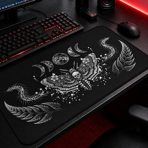 Gothic Moth Mouse Pad with Skull and Moon Phases, Large Gaming Desk Mat Dark Occult Aesthetic for Alternative Office Decor Witchcore Pad