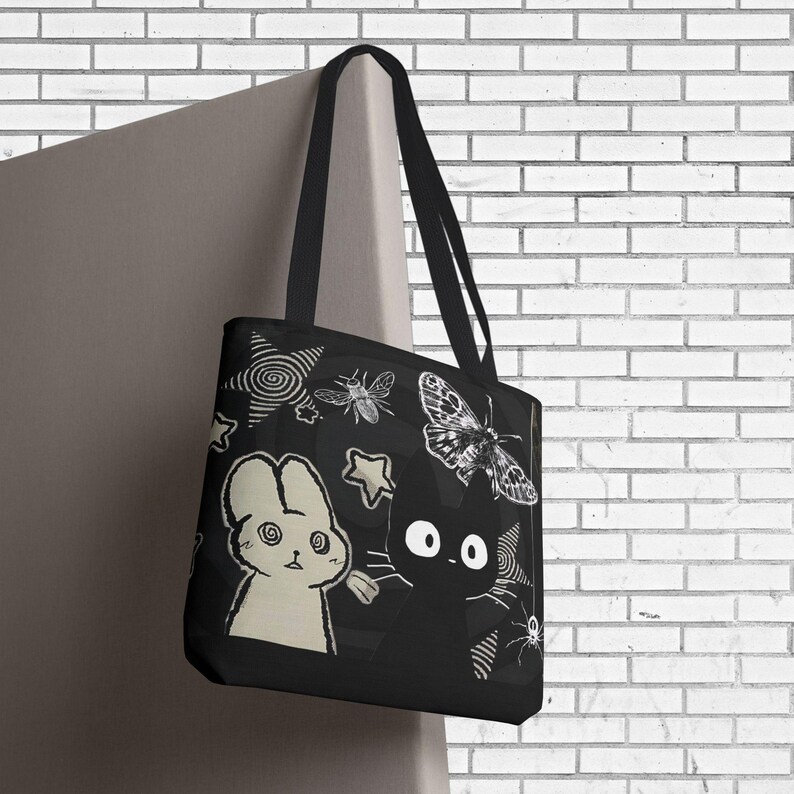 Creepy Cute Tote Bag Dark Aesthetic Bag with Bunny, Cat, and Moths, Grunge Kawaii Witchcore Shoulder Tote Cat Person Bag Gift for Indie Girl image 5