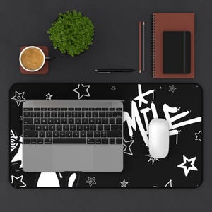 Dark Punk Mousepad Kawaii Gothic Cat Gaming Pad Black & White Smile Design Large Gaming Desk Mat Cute Goth Desk Accessory for Cat Lovers image 3