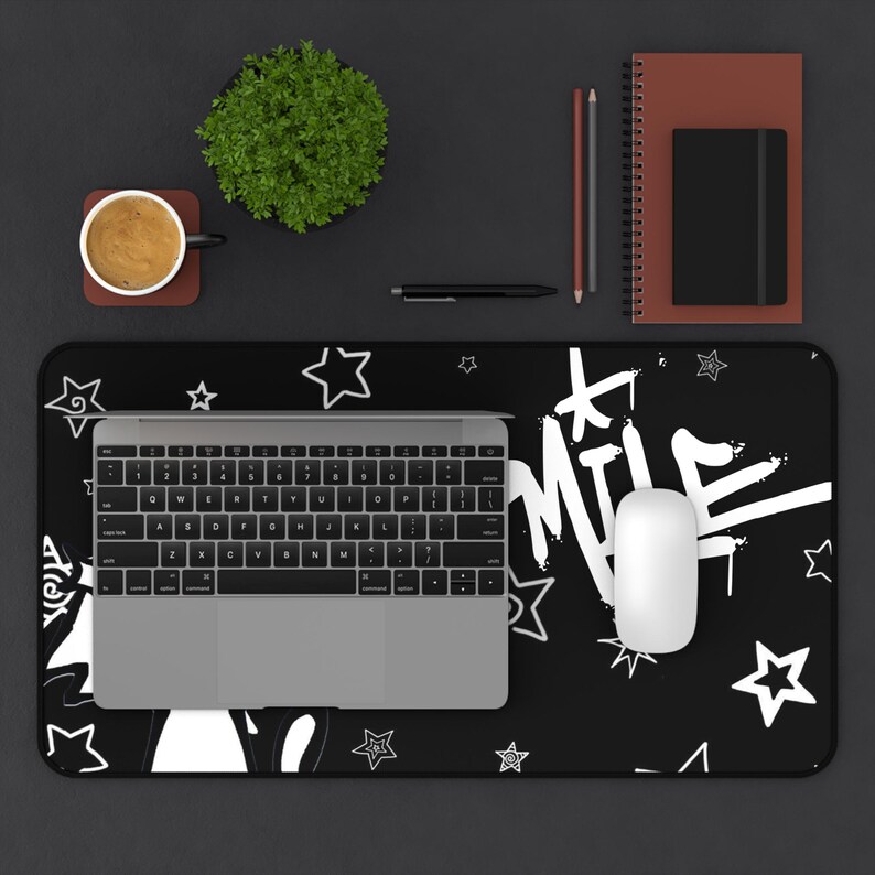 Dark Punk Mousepad Kawaii Gothic Cat Gaming Pad Black & White Smile Design Large Gaming Desk Mat Cute Goth Desk Accessory for Cat Lovers image 3