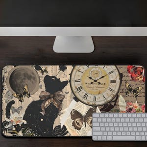Vintage Cat Mousepad Gothic Cottagecore Desk Mat with Clock, Butterflies and Floral Collage, Aesthetic Office Decor Cat and Book Lover Gift