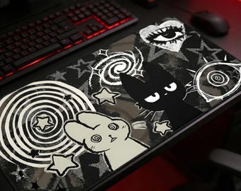 Dark Punk Pad Trippy Bunny & Cat Mousepad Alt Grunge Desk Mat Weirdcore Aesthetic Gaming Pad for Emo Desks Indie Alt Room Decor