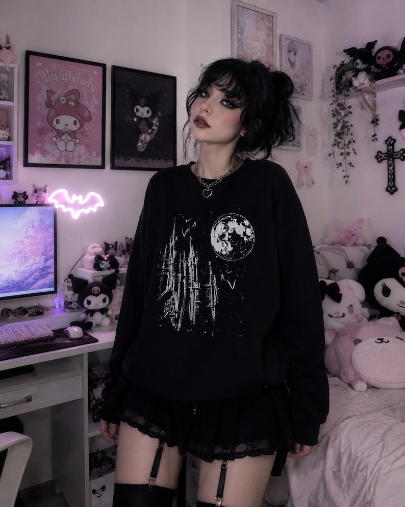 Witchy Moon Gothic Sweatshirt, Dark Fantasy Castle Crewneck, Alt Aesthetic image 2