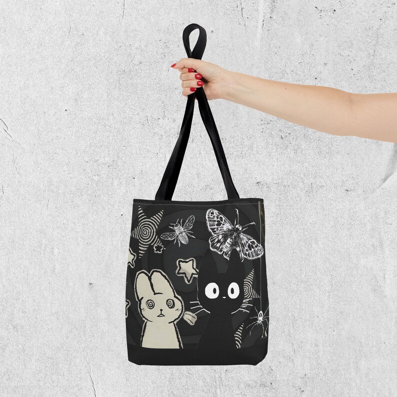 Creepy Cute Tote Bag Dark Aesthetic Bag with Bunny, Cat, and Moths, Grunge Kawaii Witchcore Shoulder Tote Cat Person Bag Gift for Indie Girl image 8