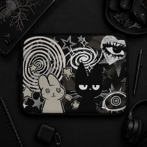 Alt Aesthetic Laptop Sleeve Trippy Bunny and Gothic Cat Notebook Cover Indie Grunge Case for Laptop and MacBook Dark Punk Tech Pouch