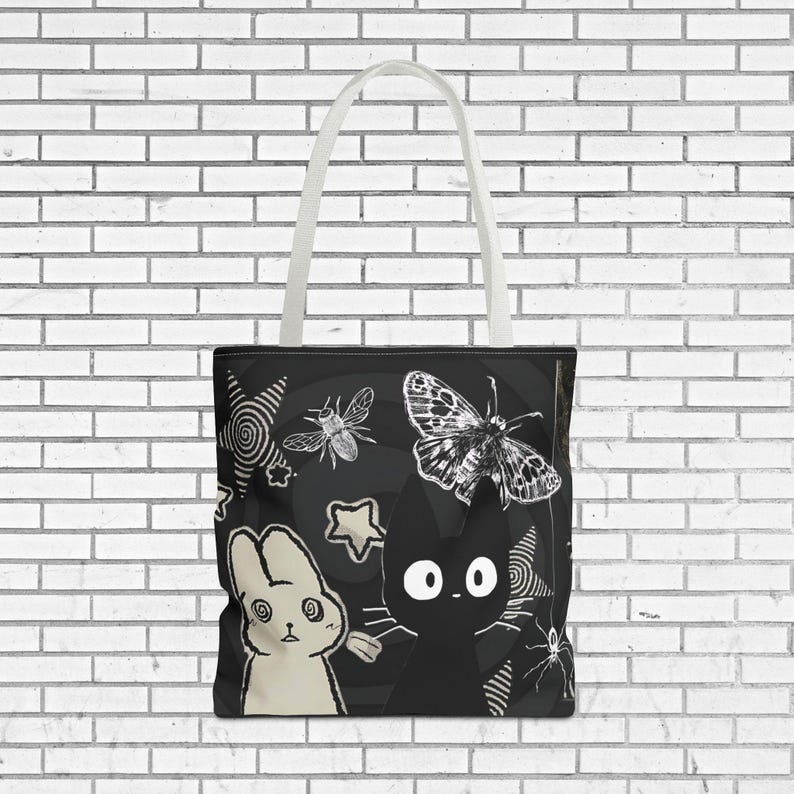 Creepy Cute Tote Bag Dark Aesthetic Bag with Bunny, Cat, and Moths, Grunge Kawaii Witchcore Shoulder Tote Cat Person Bag Gift for Indie Girl image 9