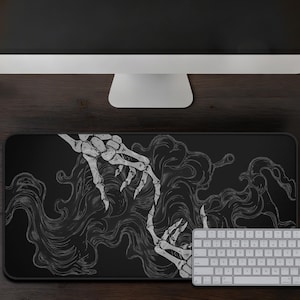 Gothic Black Desk Mat Skeleton Hands Mousepad Smoky Shadows Desk Decor, Dark Grunge Gaming Pad, Horror Aesthetic Office Decor Weirdcore Mat