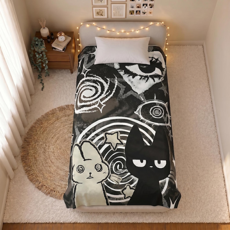 Trippy Cat Bunny Velveteen Plush Blanket Dark Punk Room Decor Cozy Soft Gothic Throw Aesthetic for Unique Home Decor Cat Lover Gift image 1