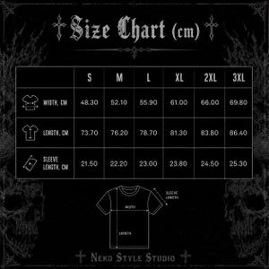 May include: A black size chart for apparel with white text and lines. The chart displays measurements in centimeters for sizes S through 3XL, including width, length, and sleeve length. A line drawing of a t-shirt illustrates these dimensions.