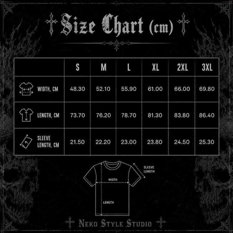 May include: A black size chart for apparel with white text and lines. The chart displays measurements in centimeters for sizes S through 3XL, including width, length, and sleeve length. A line drawing of a t-shirt illustrates these dimensions.