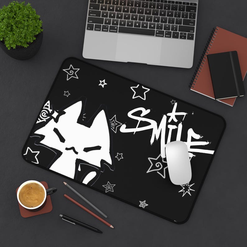 Dark Punk Mousepad Kawaii Gothic Cat Gaming Pad Black & White Smile Design Large Gaming Desk Mat Cute Goth Desk Accessory for Cat Lovers image 5