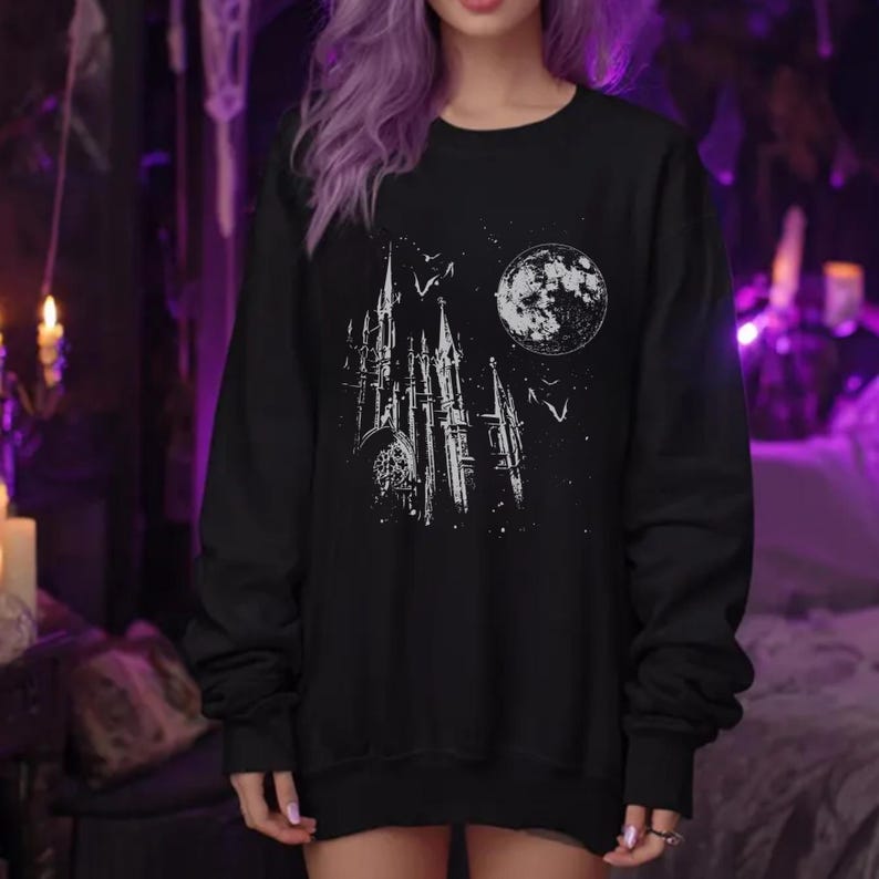 Witchy Moon Gothic Sweatshirt, Dark Fantasy Castle Crewneck, Alt Aesthetic image 4
