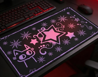 Purple Gothic Cat Mousepad Cute Spooky Star Desk Mat, Witchy Aesthetic Gaming Pad, Alt Desk Decor Emo and Indie Setup Lovers Cat Lovers Gift