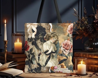 Vintage Angel Tote Bag Romantic Collage Aesthetic Tote with Roses Victorian Gothic Bag Angelcore Shoulder Bag Cottagecore Girl Gift