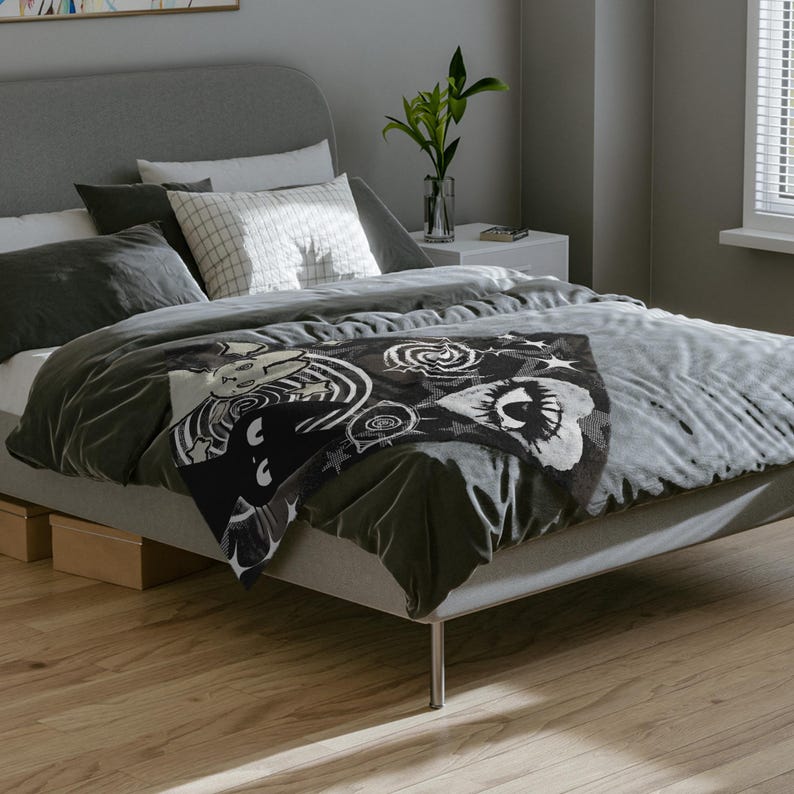 Trippy Cat Bunny Velveteen Plush Blanket Dark Punk Room Decor Cozy Soft Gothic Throw Aesthetic for Unique Home Decor Cat Lover Gift image 5